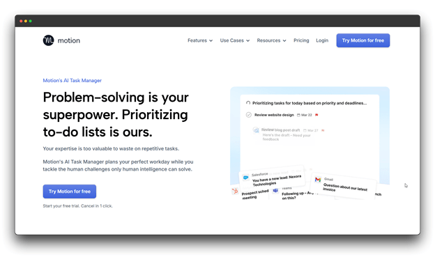 A screenshot of Motion’s landing page, featuring an AI Task Manager. The text reads "Problem-solving is your superpower. Prioritizing to-do lists is ours." This tool represents a productivity-focused option among AI Tools for Product Managers. Al Tools for Product Managers: Product Managers: Al Tools