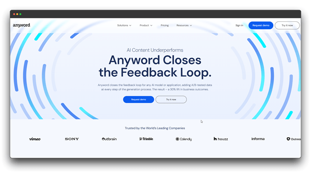 A professional homepage view of Anyword, an AI Writing Assistant that uses data-driven feedback loops to improve business outcomes. It is trusted by leading companies as the Best AI Writing Assistant Tool for marketing and performance writing.  Al Writing Assistant: Al Writing Assistant Tool: Best Al writing Assistant Tool