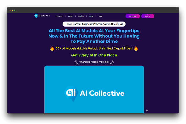 A vibrant purple and blue landing page for AI Collective, stating "All The Best AI Models At Your Fingertips." It mentions having 50+ AI models and LLMs in one place. The graphic highlights how users can access various AI tools and No Prompt AI Tools in a single hub, facilitating a No Prompt AI experience that doesn't rely solely on traditional Writing Prompts.