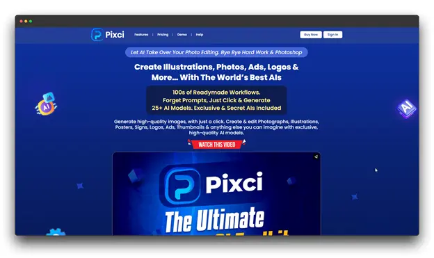 A screenshot of the Pixci website, an AI Tool for Content Creation, promoting its ability to "Create Illustrations, Photos, Ads, Logos & More... With The World's Best AIs" for diverse Content Creation needs.